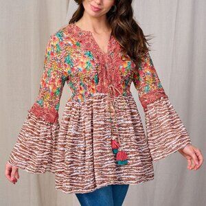 Women's Multi Print Long Bell Sleeve V-Neck Contrast Floral Blouse Rust